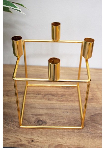 Dörtlü Küp Şamdan Mumluk, Şık ve Parlak Metal Tasarım, 20 Cm, Ev Dekoru Için Ideal