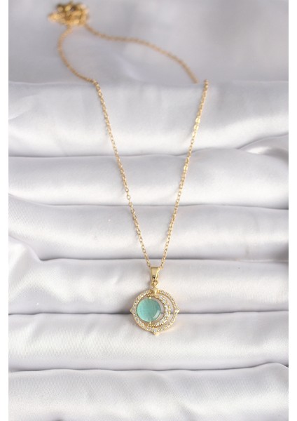 316L Çelik Gold Renk Zirkon Taşlı Yeşil Sedefli Hilal Model Kadın Kolye fiyatları