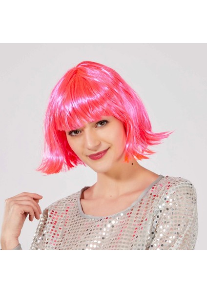 Şeker Pembe Renk Parti Peruğu Küt Saç