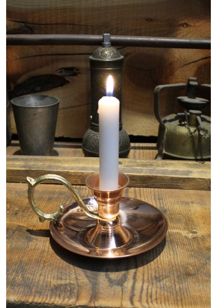 Kırmızı Turna El Mumluğu ve Şamdanı, Bakır Detaylı, Şık ve Hediye Seçeneği