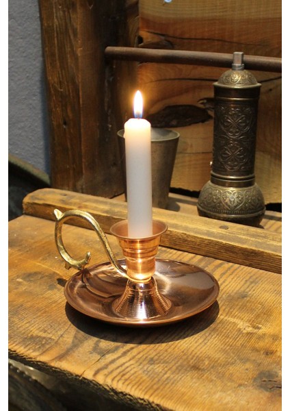 Kırmızı Turna El Mumluğu ve Şamdanı, Bakır Detaylı, Şık ve Hediye Seçeneği