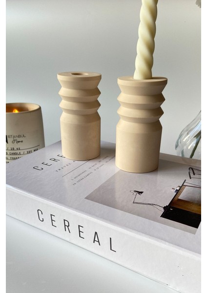 2'li Beton Şamdan Mumluk Seti Bej, Şık ve Modern Dekor Için Ideal