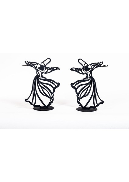 Şamdan Mumluk Seti, Semazen Temalı, Metal, Mat Siyah, 2'li, Şık ve Modern Dekorasyon.