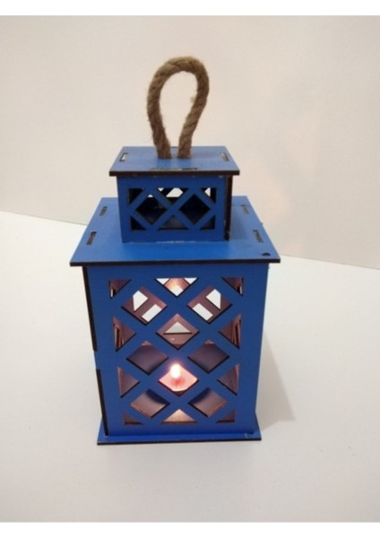 Mavi Ahşap Dekoratif Fener Mumluk, Şık ve Sıcak Atmosfer Sağlar