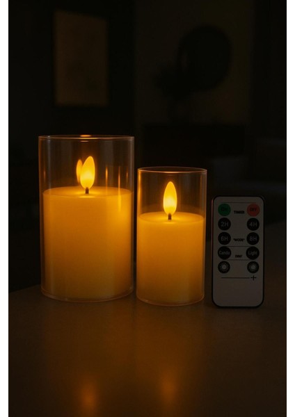 Ikili Şeffaf LED Mum Seti Uzaktan Kumandalı Pilli Alevsiz 7,5X10-12,5 cm modelleri