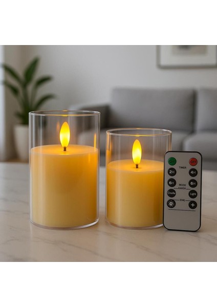 Ikili Şeffaf LED Mum Seti Uzaktan Kumandalı Pilli Alevsiz 7,5X10-12,5 cm fırsatları