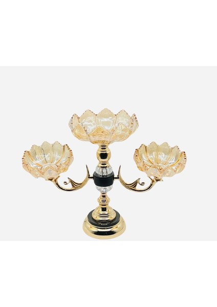 Füme Bal Cam Üçlü Ayaklı Şamdan Mumluk Seti