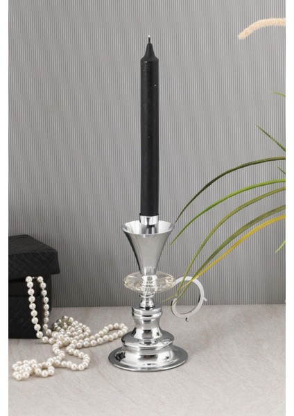 Gümüş Renk Kristal Taşlı Nostaljik Metal El Şamdanı ve Mumluk
