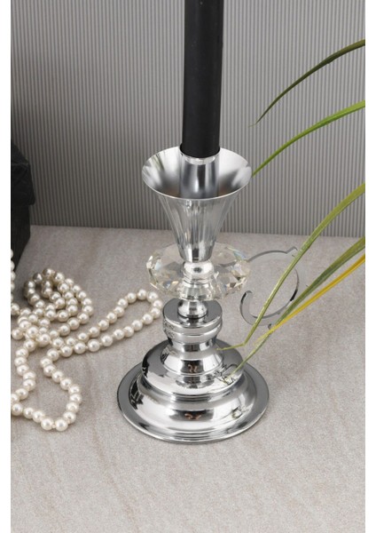 Gümüş Renk Kristal Taşlı Nostaljik Metal El Şamdanı ve Mumluk fiyatları