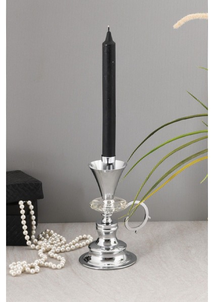 Gümüş Renk Kristal Taşlı Nostaljik Metal El Şamdanı ve Mumluk modelleri