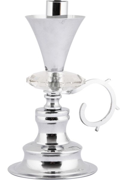 Gümüş Renk Kristal Taşlı Nostaljik Metal El Şamdanı ve Mumluk