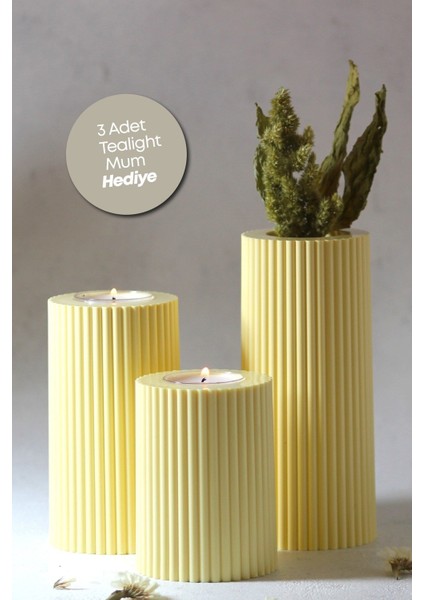 3’lü Sarı Dekoratif Mumluk Seti, Tealight ve Abs Plastik Malzeme