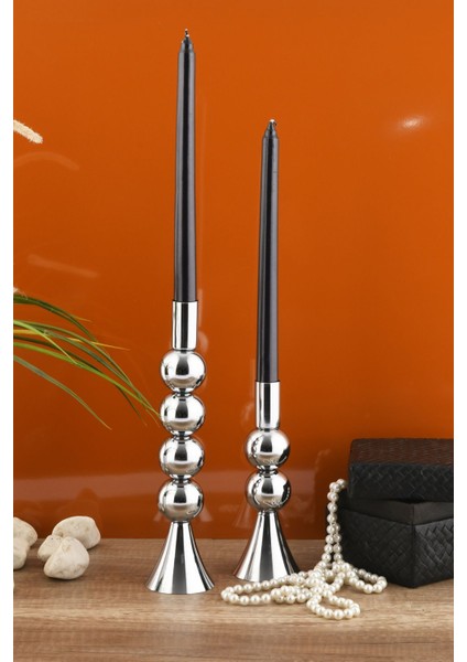 Gümüş Renkli 2'li Metal Şamdan Seti, Dekoratif Mumluk, Şık ve Zarif Tasarım