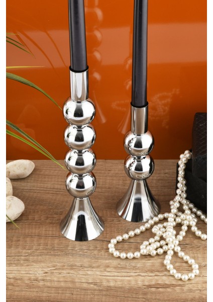 Gümüş Renkli 2'li Metal Şamdan Seti, Dekoratif Mumluk, Şık ve Zarif Tasarım modelleri