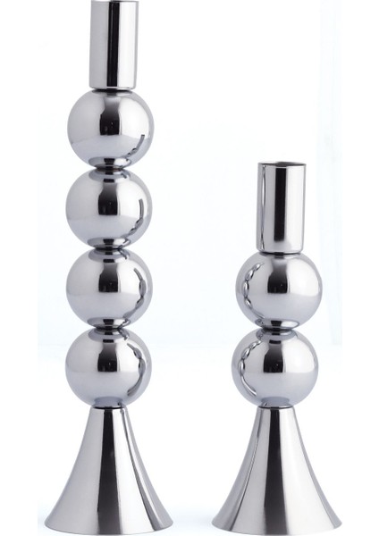 Gümüş Renkli 2'li Metal Şamdan Seti, Dekoratif Mumluk, Şık ve Zarif Tasarım