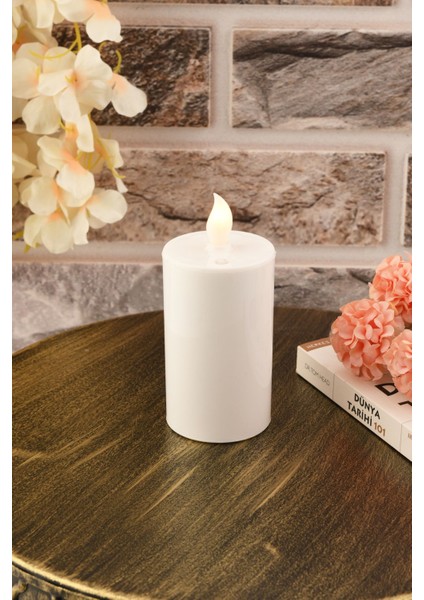 Pilli LED Silindir Mum 10 Cm, Beyaz Baton Mum, Şık ve Parlak Dekorasyon Ürünü