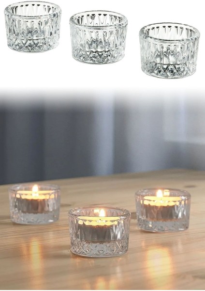 3'lü Cam Tealight Mumluk Seti, Şeffaf, 5 cm Çap, Şık Dekoratif Mumlukler
