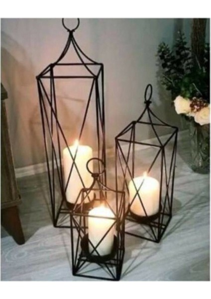 Şık 3'lü Ferforje Kafes Fener Seti, Siyah, Dekoratif ve Zarif Tasarım