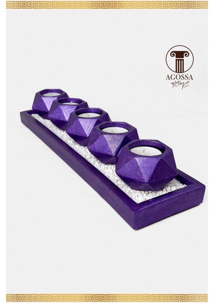 Mor 5'li Prizma Mumluk Seti, Taşlı Sunum Tepsisi, Şamdan Tasarımı