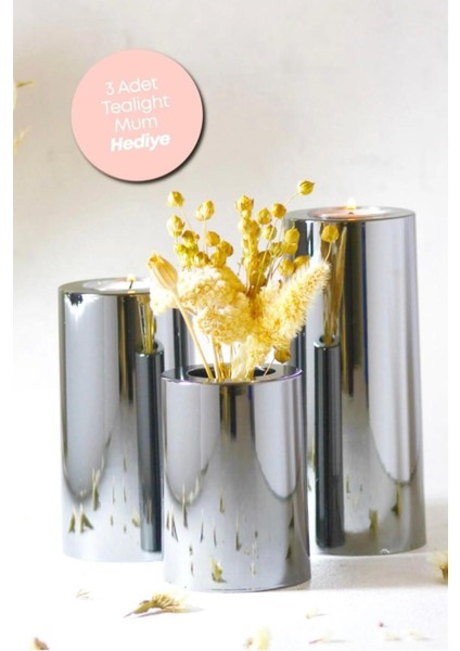 Parlak Krom Kaplama 3'lü Düz Yüzey Mumluk Dekoratif Set, Şık ve Hediye Seçeneği