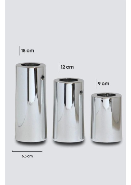 Parlak Krom Kaplama 3'lü Düz Yüzey Mumluk Dekoratif Set, Şık ve Hediye Seçeneği modelleri