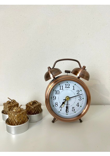 Bakır Renk Metal Çift Çanlı Fosforlu Işıklı Masa Saati (8 cm Kasa Çapı) fırsatları