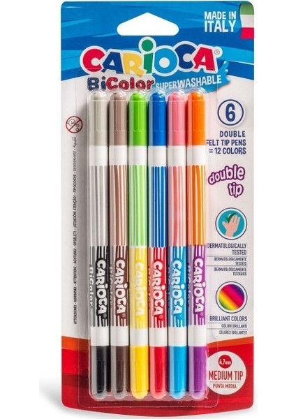 Carioca Bicolor Süper Yıkanabilir Çift Uçlu Keçeli Boya Kalemi 6'lı 12 Renk