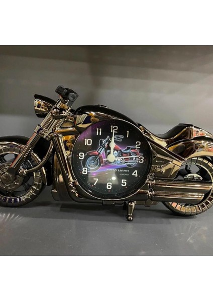 Retro Masa Üstü Motosiklet Saat, Alarmlı, Metalik Gri, Şık ve Kullanışlı Süs Eşyası