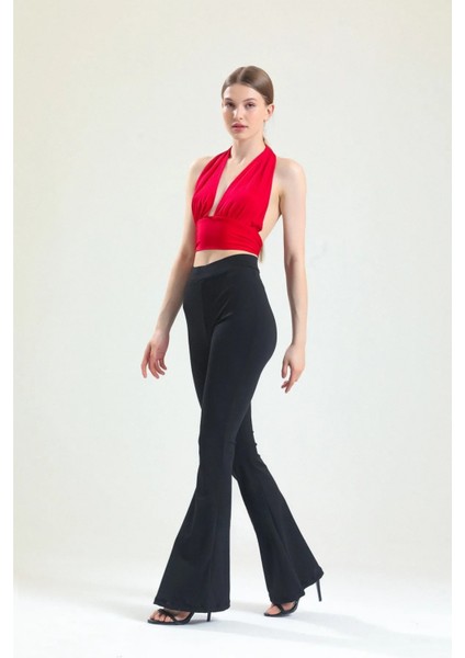 Kadın Siyah Ispanyol Paça Dalgıç Kumaş Yüksek Bel Likralı Toparlayıcı Tayt Pantolon