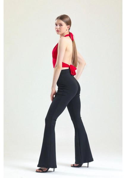 Kadın Siyah Ispanyol Paça Dalgıç Kumaş Yüksek Bel Likralı Toparlayıcı Tayt Pantolon fiyatları