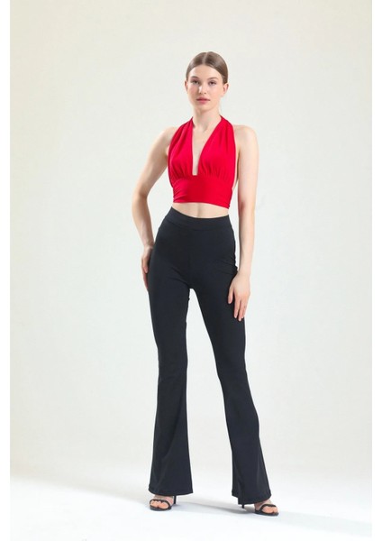 Kadın Siyah Ispanyol Paça Dalgıç Kumaş Yüksek Bel Likralı Toparlayıcı Tayt Pantolon modelleri