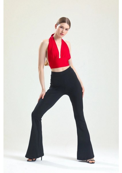 Kadın Siyah Ispanyol Paça Dalgıç Kumaş Yüksek Bel Likralı Toparlayıcı Tayt Pantolon