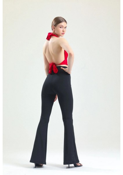 Kadın Siyah Ispanyol Paça Dalgıç Kumaş Yüksek Bel Likralı Toparlayıcı Tayt Pantolon