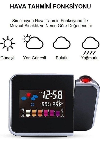 LCD Ekranlı Projeksiyonlu Dijital Masa Saati, Tarih, Derece ve Nem Göstergeli Siyah Model