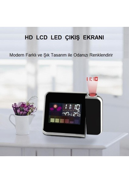 LCD Ekranlı Projeksiyonlu Dijital Masa Saati, Tarih, Derece ve Nem Göstergeli Siyah Model