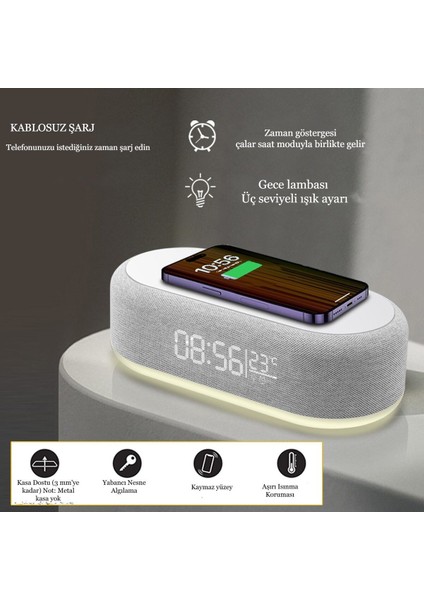 Çok Fonksiyonlu Masa Lambası ve Saat, Kablosuz Şarj, LED Işık, Termometre, Gri fiyatları
