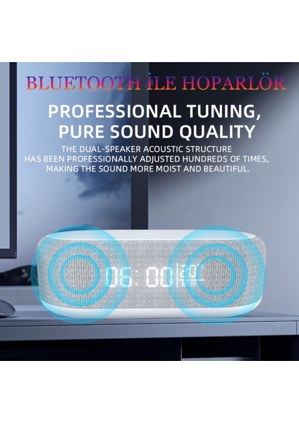 Çok Fonksiyonlu Masa Lambası ve Saat, Kablosuz Şarj, LED Işık, Termometre, Gri