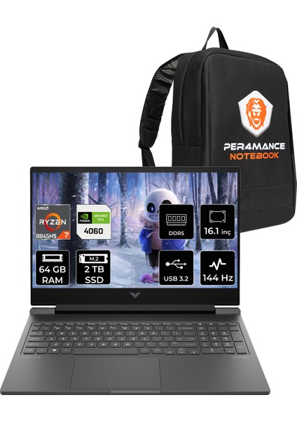 Victus 16 Amd Ryzen 7 8845HS 64GB 2tb SSD RTX4060/8GB 144Hz Fhd 16.1" Fhd Fdos Taşınabilir Bilgisayar & Per4 Çanta 9Z790EAPN334