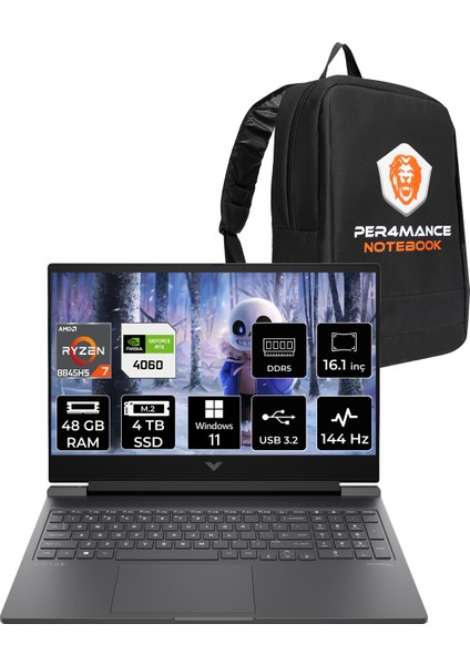Victus 16 Amd Ryzen 7 8845HS 48GB 4tb SSD RTX4060/8GB 144Hz Fhd 16.1" Fhd W11H Taşınabilir Bilgisayar & Per4 Çanta 9Z790EAPN370