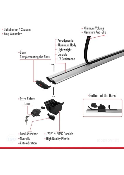 Volvo V60 Sw / Estate 2010-2018 Arası ile Uyumlu Hook Model Anahtar Kilitli Ara Atkı Tavan Barı Gri