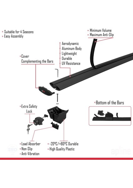 Fiat Panda 2012 ve Sonrası ile Uyumlu Hook Model Anahtar Kilitli Ara Atkı Tavan Barı Siyah