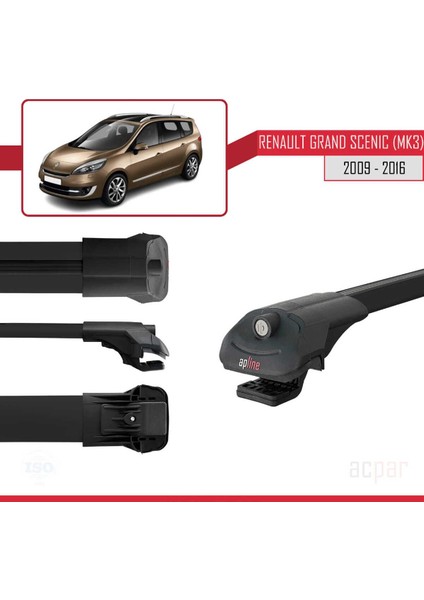 Renault Grand Scenic (Mk3) 2009-2016 Arası ile Uyumlu Ace-1 Ara Atkı Tavan Barı Siyah 3 Adet Bar
