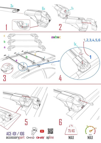 Citroen Berlingo 2019-2023 Arası ile Uyumlu Ace-1 Ara Atkı Tavan Barı Siyah 3 Adet Bar