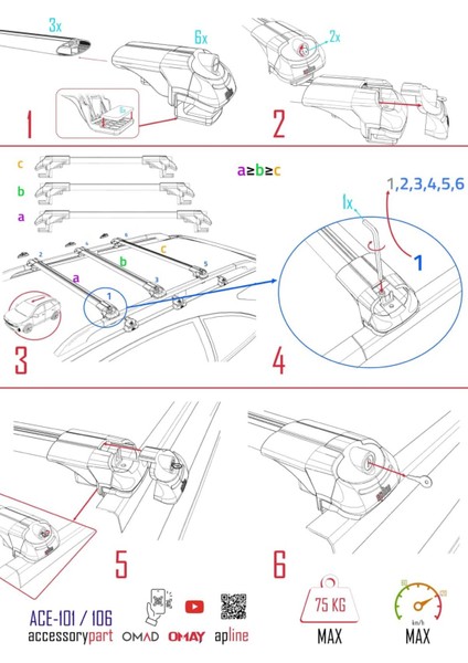 Ssangyong Rodius 2004-2012 Arası ile Uyumlu Ace-1 Ara Atkı Tavan Barı Gri 3 Adet Bar