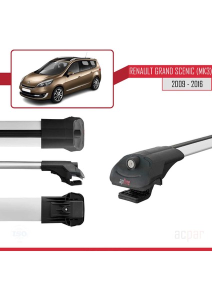 Renault Grand Scenic (Mk3) 2009-2016 Arası ile Uyumlu Ace-1 Ara Atkı Tavan Barı Gri 3 Adet Bar