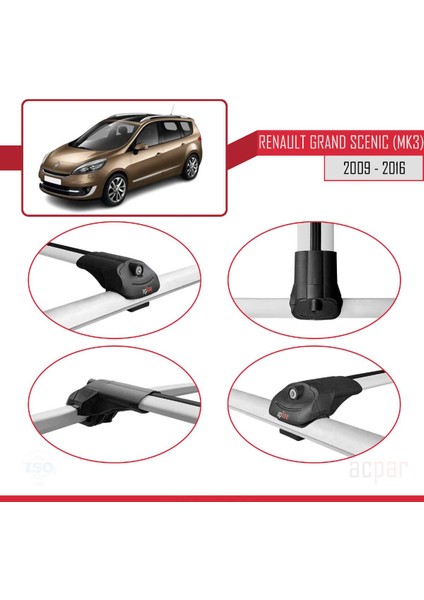 Renault Grand Scenic (Mk3) 2009-2016 Arası ile Uyumlu Ace-1 Ara Atkı Tavan Barı Gri 3 Adet Bar