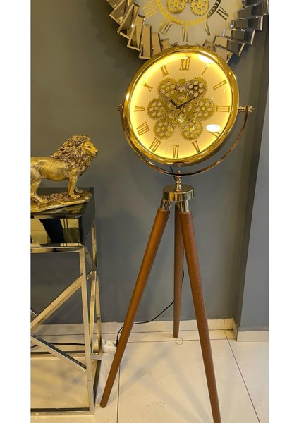 Beyaz Led'li Ahşap Tripod, Şık ve Modern Çarklı Saat ile Tarzınızı Yansıtın