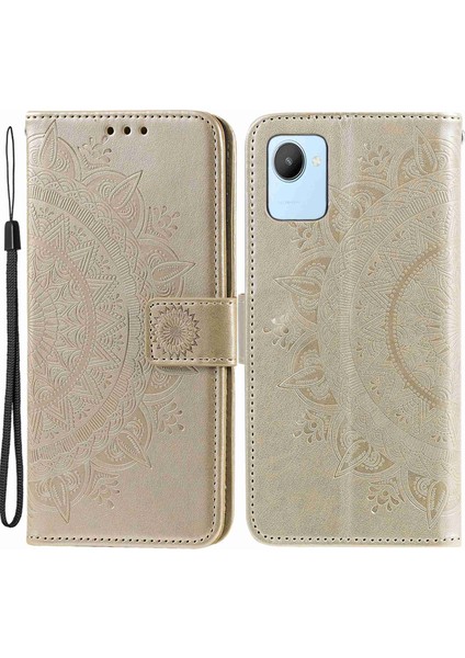 Realme C30 4g Için Mandala Çiçek Desenli Baskılı Telefon Kılıfı, Pu Deri El Kayışı Tasarımı Manyetik Düşmeye Karşı Kapak Standı Cüzdan-Altın (Yurt Dışından)