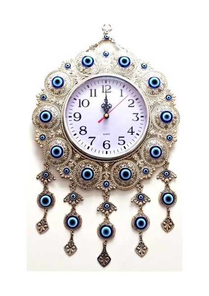 Nazar Boncuklu Gümüş Kaplama Solmaz Kararmaz Duvar Saati