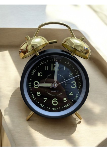 Büyük Boy Fosforlu Metal Kasa Çift Çanlı Klasik Alarm Saati Siyah